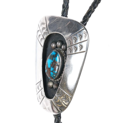 c1960 c-31 High Grade Bisbee turquoise Navajo sterling silver shadowbox bolo tie - Estate Fresh Austin