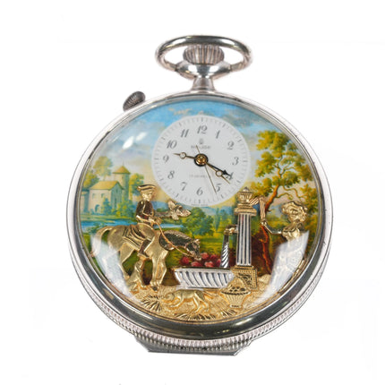 1980's Reuge Swiss sterling silver automaton music box pocket watch horse - Estate Fresh Austin