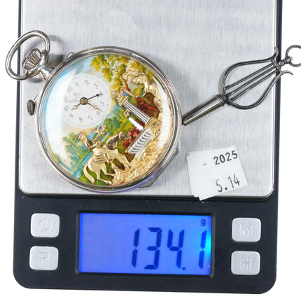 1980's Reuge Swiss sterling silver automaton music box pocket watch horse - Estate Fresh Austin