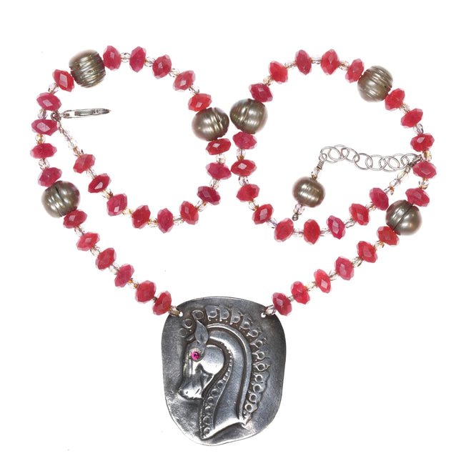Retro JAC 999 Fine siver Ruby Beads Modernist Horse head necklace sterling - Estate Fresh Austin