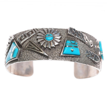 6.25" Andy Lee Kirk Isleta pueblo Sterling silver turquoise inlaid cuff bracelet - Estate Fresh Austin