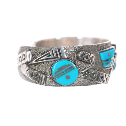 6.25" Andy Lee Kirk Isleta pueblo Sterling silver turquoise inlaid cuff bracelet - Estate Fresh Austin