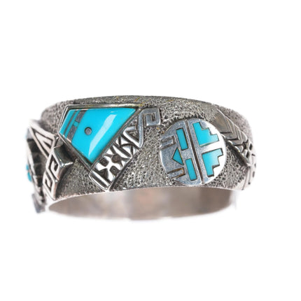 6.25" Andy Lee Kirk Isleta pueblo Sterling silver turquoise inlaid cuff bracelet - Estate Fresh Austin
