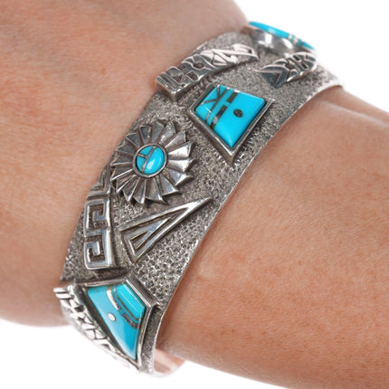 6.25" Andy Lee Kirk Isleta pueblo Sterling silver turquoise inlaid cuff bracelet - Estate Fresh Austin