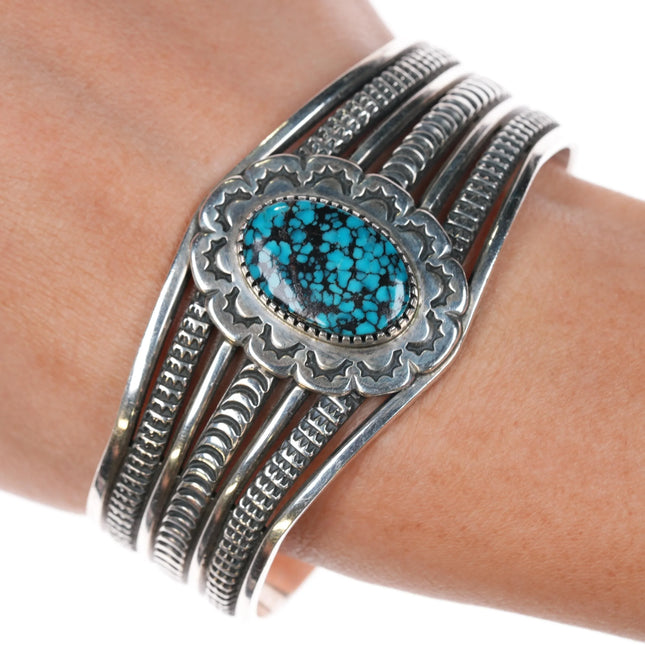 6.75" Navajo Heavy Stamped sterling silver spiderweb turquoise cuff bracelet - Estate Fresh Austin