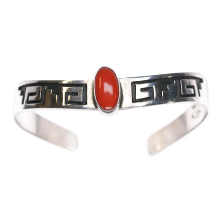 6.25" Everett and Mary Teller Navajo Overlay Coral Sterling silver cuff bracelet - Estate Fresh Austin
