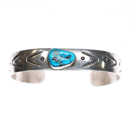 6.35" Vintage Navajo sterling silver CW Hand stamped cuff bracelet w/turquoise - Estate Fresh Austin