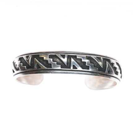 6.1" Tommy Singer Navajo Overlay cuff bracelet geometric pattern sterling silver - Estate Fresh Austin