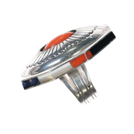 sz7 Gibson Nez Navajo/Apache sterling silver high grade stone inlay coral ring - Estate Fresh Austin