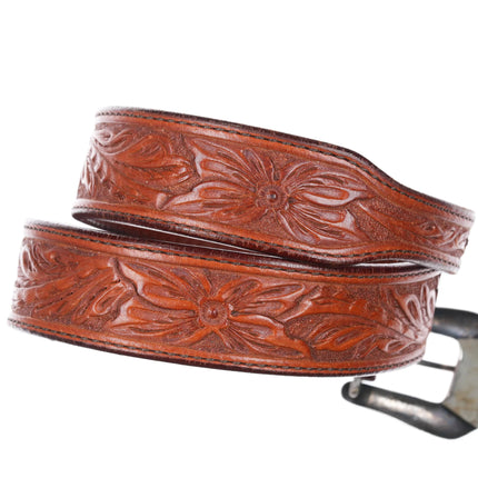 1950's Crockett Vintage Sterling silver ranger buckle set on leather 28" belt - Estate Fresh Austin