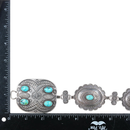 c1940 Navajo link concho belt deep stamped sterling silver high grade turquoise - Estate Fresh Austin