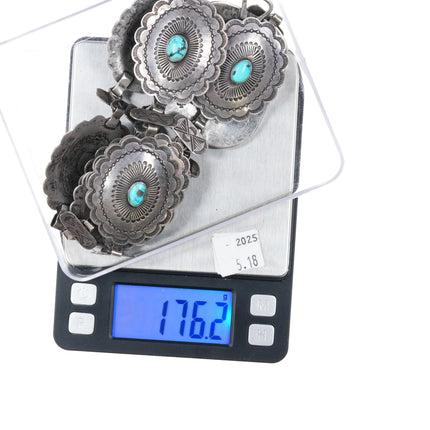 c1940 Navajo link concho belt deep stamped sterling silver high grade turquoise - Estate Fresh Austin