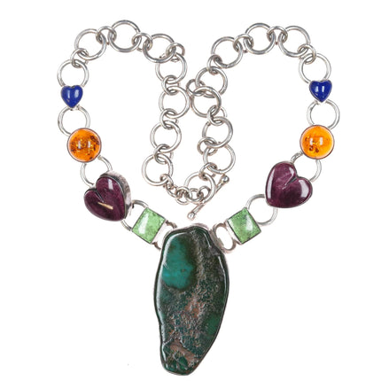 Linda Johnson Navajo sterling silver Royston turquoise, gaspeite hearts necklace - Estate Fresh Austin