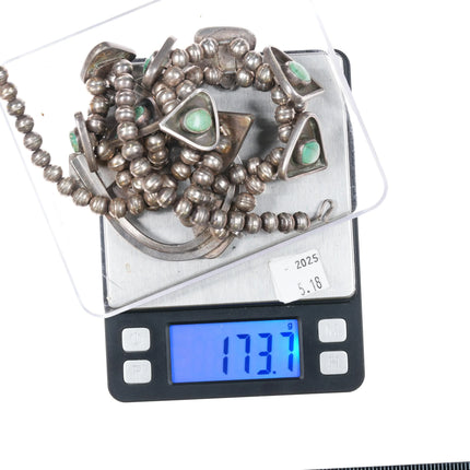 c1970 Navajo sterling silver modernist green turquoise squash blossom necklace - Estate Fresh Austin