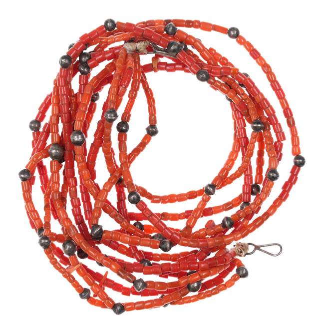 7 Strand Vintage Santo Domingo red coral necklace w/sterling silver beads - Estate Fresh Austin