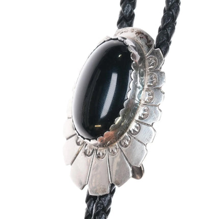 Vintage 1980's Navajo sterling silver Onyx bolo tie with stamped design - Estate Fresh Austin