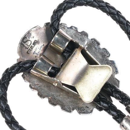 Vintage 1980's Navajo sterling silver Onyx bolo tie with stamped design - Estate Fresh Austin