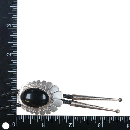 Vintage 1980's Navajo sterling silver Onyx bolo tie with stamped design - Estate Fresh Austin