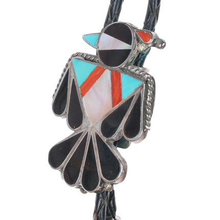 c1970 Zuni Thunderbird sterling silver channel inlay bolo tie turquoise/shell - Estate Fresh Austin