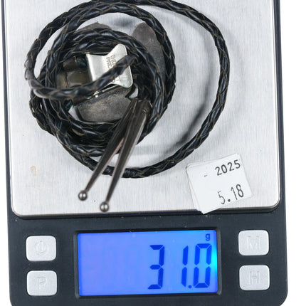 c1970 Zuni Thunderbird sterling silver channel inlay bolo tie turquoise/shell - Estate Fresh Austin