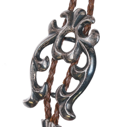 c1950 Navajo Fancy cast sterling silver bolo tie brown leather cord 42" - Estate Fresh Austin