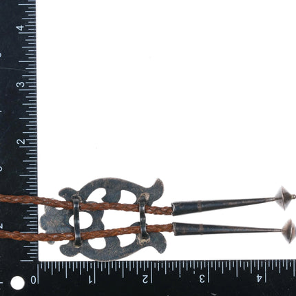 c1950 Navajo Fancy cast sterling silver bolo tie brown leather cord 42" - Estate Fresh Austin