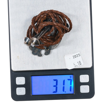 c1950 Navajo Fancy cast sterling silver bolo tie brown leather cord 42" - Estate Fresh Austin