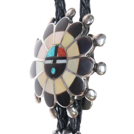 c1980 Zuni Sterling silver sunface bolo tie shell, jet, turquoise inlay - Estate Fresh Austin