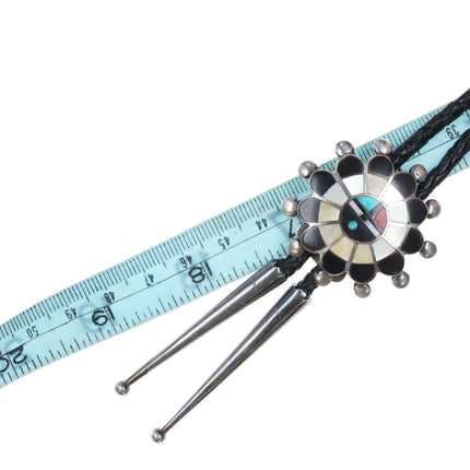 c1980 Zuni Sterling silver sunface bolo tie shell, jet, turquoise inlay - Estate Fresh Austin