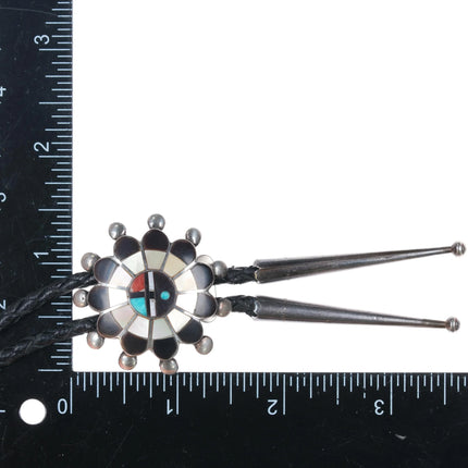c1980 Zuni Sterling silver sunface bolo tie shell, jet, turquoise inlay - Estate Fresh Austin