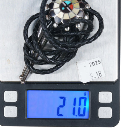 c1980 Zuni Sterling silver sunface bolo tie shell, jet, turquoise inlay - Estate Fresh Austin