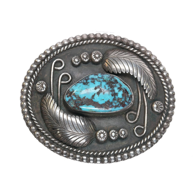 70's Vintage EB Navajo sterling silver and turquoise belt buckle with feathers - Estate Fresh Austin