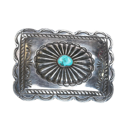 Vintage Navajo sterling silver nicely stamped belt buckle with center turquoise - Estate Fresh Austin