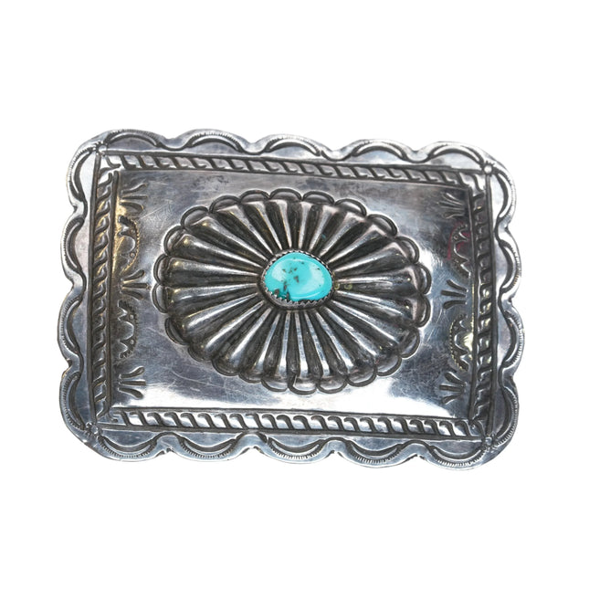 Vintage Navajo sterling silver nicely stamped belt buckle with center turquoise - Estate Fresh Austin