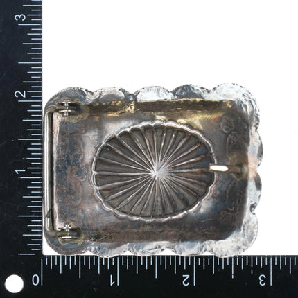 Vintage Navajo sterling silver nicely stamped belt buckle with center turquoise - Estate Fresh Austin