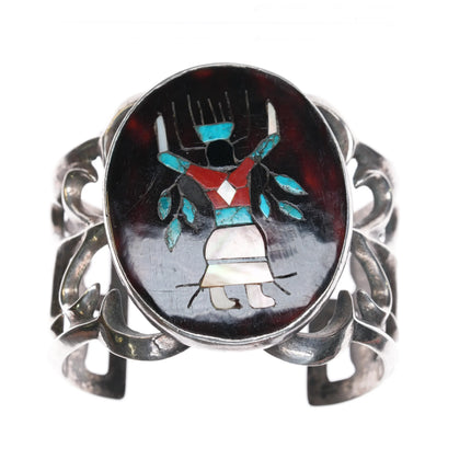 6.1" Vintage Zuni Gaun Dancer Inlaid cuff bracelet cast sterling silver - Estate Fresh Austin