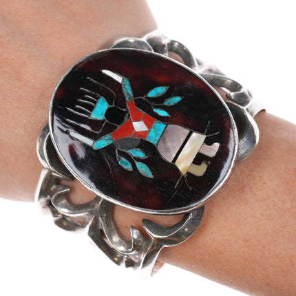6.1" Vintage Zuni Gaun Dancer Inlaid cuff bracelet cast sterling silver - Estate Fresh Austin
