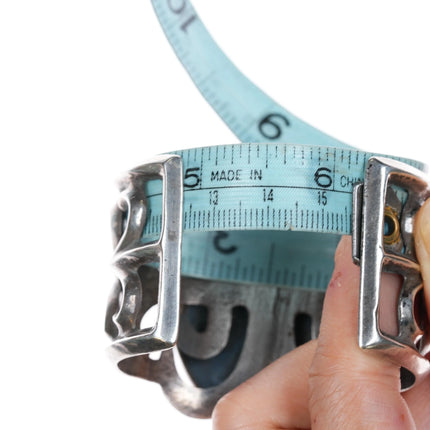 6.1" Vintage Zuni Gaun Dancer Inlaid cuff bracelet cast sterling silver - Estate Fresh Austin