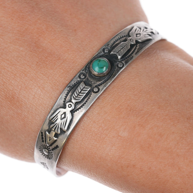 6.2" c1940 Fred Harvey Sterling silver snakes, arrows turquoise cuff bracelet - Estate Fresh Austin