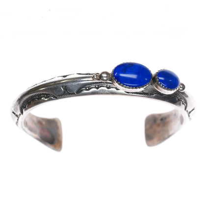 6.5" Jeanette Dale Navajo sterling silver lapis 2 stone carinated cuff bracelet - Estate Fresh Austin