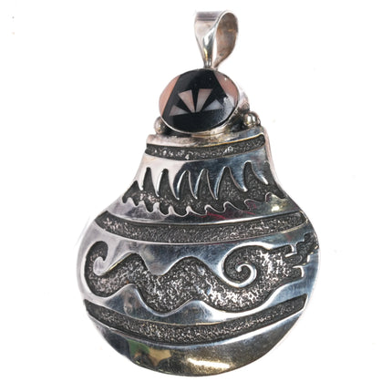 Irv Monte Navajo Sterling silver olla pendant w/jet/coral intarsia inlay - Estate Fresh Austin
