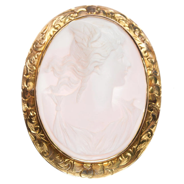 c1900 Syman Bros. Denver CO 14k gold high relief pink shell cameo brooch pin - Estate Fresh Austin