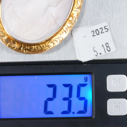 c1900 Syman Bros. Denver CO 14k gold high relief pink shell cameo brooch pin - Estate Fresh Austin