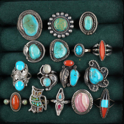 Sz4-8 Collection sterling silver Turquoise/Coral Navajo, Zuni, Agate, Shell ring - Estate Fresh Austin