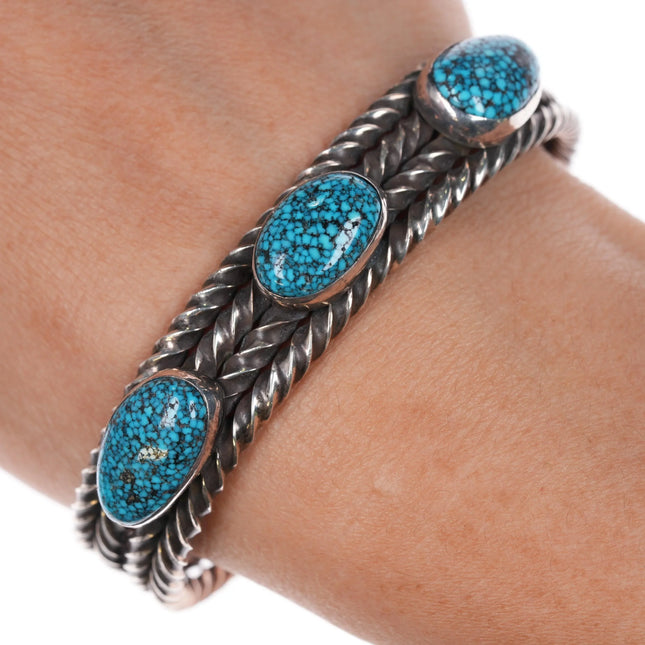 6.6" Perry Shorty Navajo Black Web #8 Turquoise sterling silver cuff bracelet - Estate Fresh Austin
