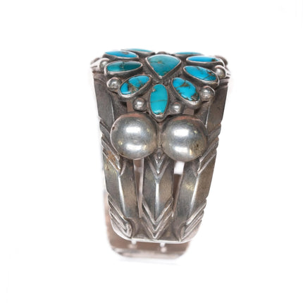 6.5" c1950 Fred Thompson Navajo sterling silver cluster turquoise cuff bracelet - Estate Fresh Austin