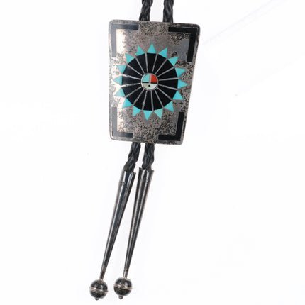 1970's Fred and Lolita Natachu Zuni sterling silver inlaid sunface bolo tie - Estate Fresh Austin