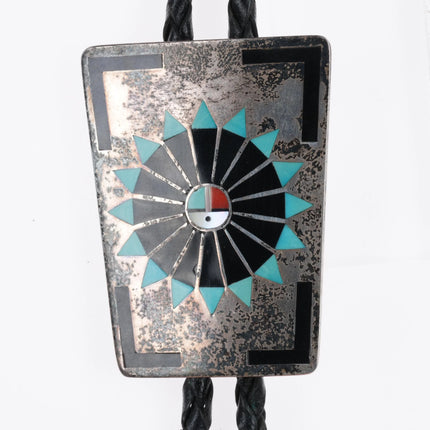 1970's Fred and Lolita Natachu Zuni sterling silver inlaid sunface bolo tie - Estate Fresh Austin