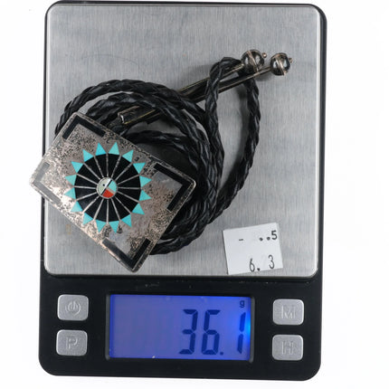 1970's Fred and Lolita Natachu Zuni sterling silver inlaid sunface bolo tie - Estate Fresh Austin