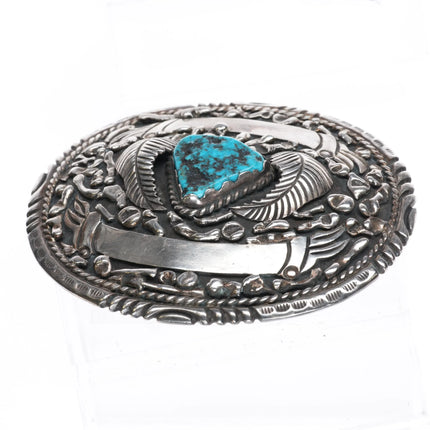 Large Vintage W Dodson Navajo Sterling silver trophy belt buckle with turquoise - Estate Fresh Austin